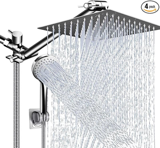 Shower Head Combo,10" High Pressure with 11" Extension Arm 5 Spray Handheld | Rain Shower Head with Handheld Shower Head Combo,Powerful Shower Spray Against Low Pressure Water with Long Hose