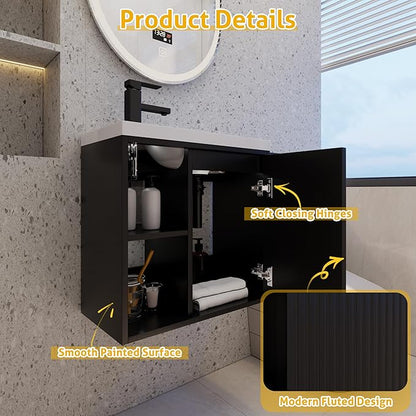 eclife 20" Floating Bathroom Vanity Sink Combo for Small Space, Wall-Mounted Guest Toilet Wash Basin Cabinet with Opening Shelf, Soft Closing Door, Black Painted