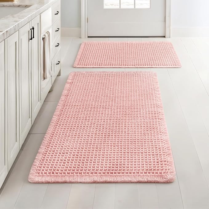 MIULEE Set of 2 Waffle Bathroom Rugs Boho Bath Mat Pink 17"x24"+18"x30" | Non Slip, Super Absorbent, Washable, Ultra Soft, Rubber Backed, Small Bath Rugs for Bathroom Floor Tub Shower