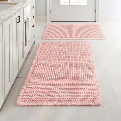 MIULEE Set of 2 Waffle Bathroom Rugs Boho Bath Mat Pink 17"x24"+18"x30" | Non Slip, Super Absorbent, Washable, Ultra Soft, Rubber Backed, Small Bath Rugs for Bathroom Floor Tub Shower