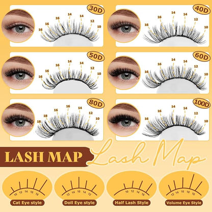QUEWEL 580PCS Lash Clusters Kit 30D+40D+50D+60D+80D+100D Lash Clusters Kit | 10-18mm Cluster Lashes Individual Eyelash Clusters Reusable for Natural DIY Cluster Eyelash Extensions for Beginners