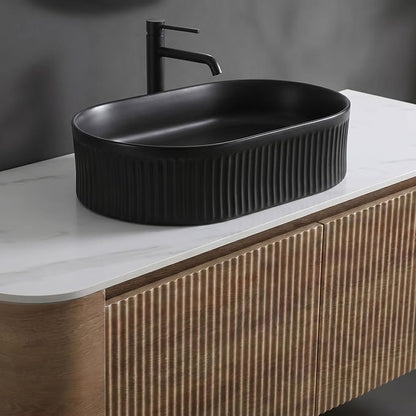 48" Preassembled Floating Bathroom Vanity with Black Sink, Oak | Mid-Century Modern Style, Fluted & Soft-Close Drawer with U-shaped Wall, Sinterted Stone Countertop, Towel Rack Included