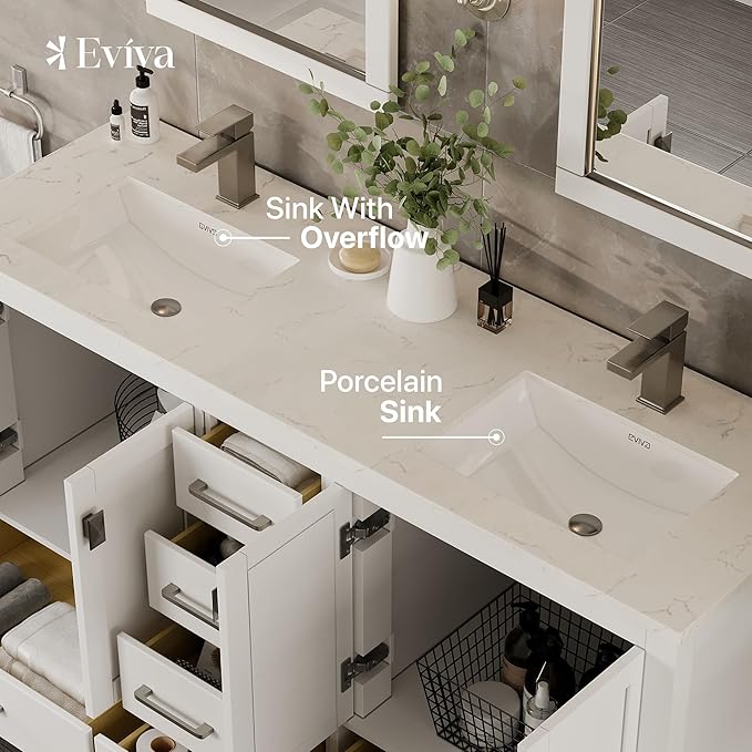 Eviva London 60 Inch Double Vanity Sink - White Double Vanity Sinks for Bathrooms, Bathroom Vanity 60 Inch Double Sink W Carrara Quartz Top & Porcelain Sinks, Bathroom Vanities W/Soft-Closing Drawers