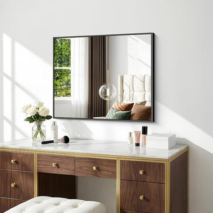 BONEWEI Bathroom Mirror,24x30 inch Wall Mirror for Bathroom Wall Mounted Black Rectangle Square Corner Mirrors,Black Bathroom Mirror for Living Room,Farmhouse,Bedroom Entryway,Horizontal/Vertical