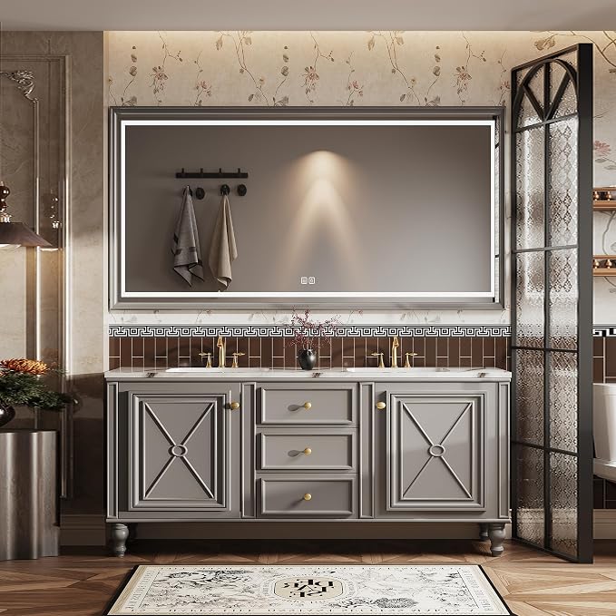 Double Sink Bathroom Vanity, Luxurious Bathroom Vanity with LED Smart Defog Mirror, Solid Freestanding Wood Vanity Sink Cabinet