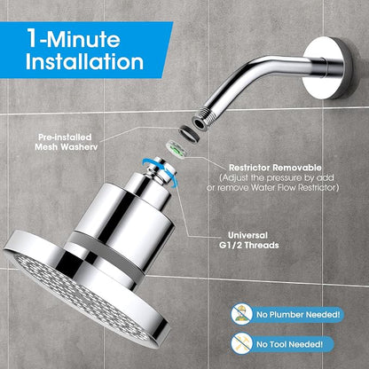 6 Inch High Pressure Rain Shower Head with 20-Stage Filter | Softens Hard Water to Improve Hair & Skin, Luxury Polished Chrome Finish, No Tools Needed, Universal Connection