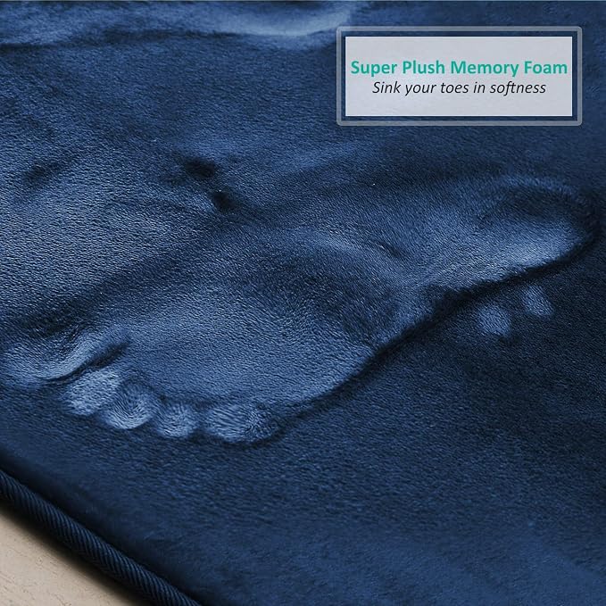 Clara Clark 3 Piece Bathroom Rugs Bath Mat Set, Velvet Memory Foam Bath Mats for Bathroom - Non-Slip, PVC Backing Bath Rugs, Washable - Dries Quickly, Blue