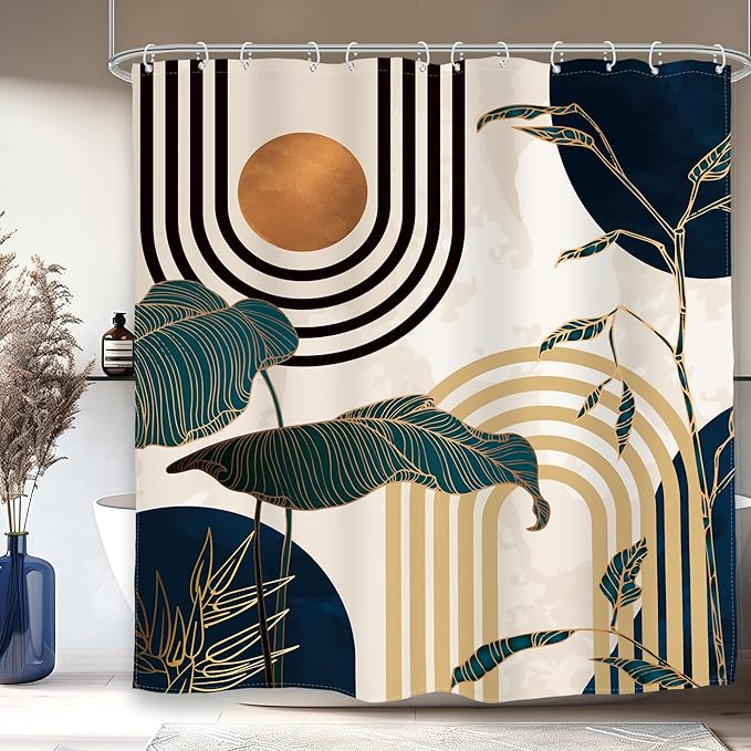 Glawry Blue Abstract Mid Century Shower Curtain Boho Retro Tropical Palm Tree Modern Sun Arch Bathroom Aesthetic Geometric 72Wx72L Inches Bath Accessories Art Home Decor Fabric 12 Pack Hooks