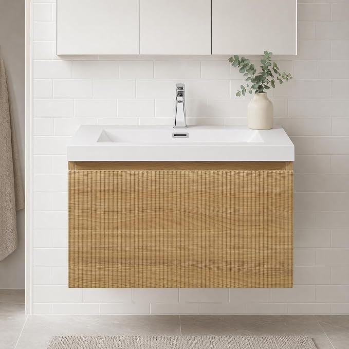 Floating Bathroom Vanity, 24" Wall Mounted Bathroom Cabinet with Glossy White Stone Resin Sink & U-Shaped Soft-Close Drawer, Pre-Assembled Striped Storage Vanity for Bathroom, Natural Wood