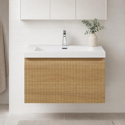 Floating Bathroom Vanity, 24" Wall Mounted Bathroom Cabinet with Glossy White Stone Resin Sink & U-Shaped Soft-Close Drawer, Pre-Assembled Striped Storage Vanity for Bathroom, Natural Wood