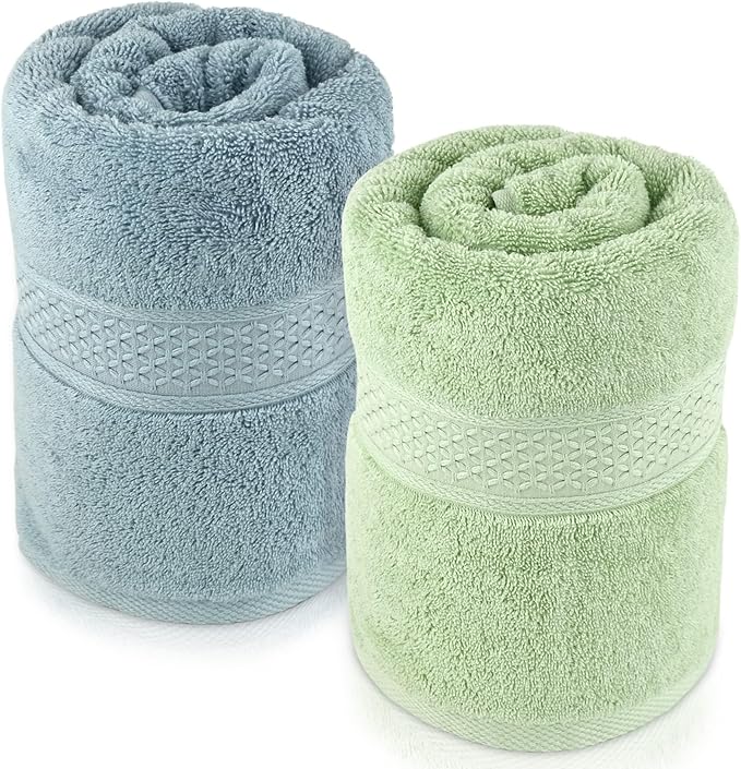 Cleanbear Cotton Bath Towels, 2-Pack, 2 Colors, 55 x 27.5 Inches | Ultra Soft Shower Towels for Daily Use 500GSM Medium Weight, Large Bathroom Towel Set (Light-Gray & Light-Green)