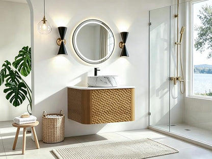 24 Inch Modern Bathroom Vanity with Ceramic Sink, Floating Bathroom Vanity Cabinet with Sintered Stone Top&Solid Wood Hammered Frame, Single Sink Bathroom Vanities w/Soft-Close Drawers,Natural