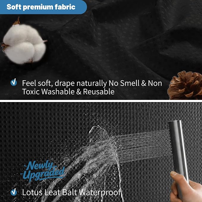 2-in-1 Waterproof Fabric Shower Curtain - No Separate Liner Needed, Hotel-Style Waffle Weave, Effortless Cleaning & Washable Bathroom Shower Curtain Set,72Wx84H,Black