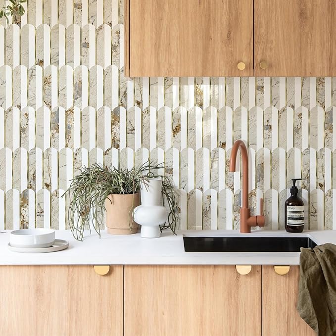 Vamos Tile Peel and Stick Backsplash, Fish Scale, Glossy, 10 pcs | 11.9''x10.8'',White & Pandora PVC+Light Gold Stick on Backsplash Tile for Kitchen & Bathroom & Laundry & Camper