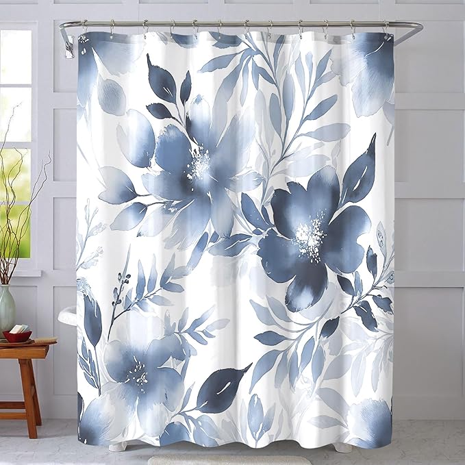 Floral Shower Curtain, Blue Watercolor Flower Shower Curtains for Bathroom, Modern Minimalist Waterproof Fabric Bath Decoration 72x84 Inch