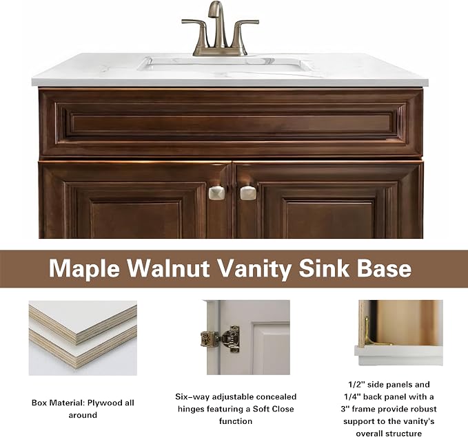 30" Maple Walnut Bathroom Vanity Base – Ready-to-Assemble Sink Cabinet, Freestanding Bathroom Vanity Base Only, No Top or Sink