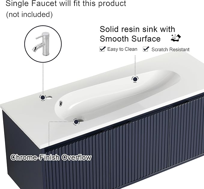 Malwee 48 Inch Floating Bathroom Vanity with Sink, 48'' Single Sink Wall Mounted Bathroom Vanity Como, with 3 Soft Close Doors and White Waterdrop Gel Coat Basin Top, Navy Blue (05848)