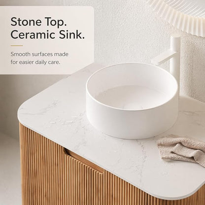 30 Inch Bathroom Vanity with Sink, Floating Wall Mounted Single Sink Vanity, Natural Woodgrain Curved Fluted Front, Stone Top, Pure White Round Vessel Basin, Pre-Assembled