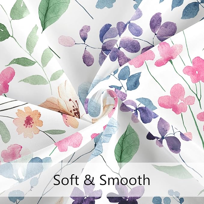 Colorful Floral Shower Curtain, Pink Green Blue Flower Fabric Shower Curtain for Bathroom, Cute Wildflower Butterfly Cloth Shower Curtain Set with Hooks, 72x72