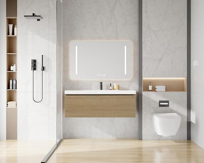 42 Inch Floating Bathroom Vanity with Sink, Modern Oak Wall Mounted Floating Vanity with Glossy Resin Sink, Soft Closing Drawer, Fully Pre Assembled Bathroom Vanity, Natural Oak