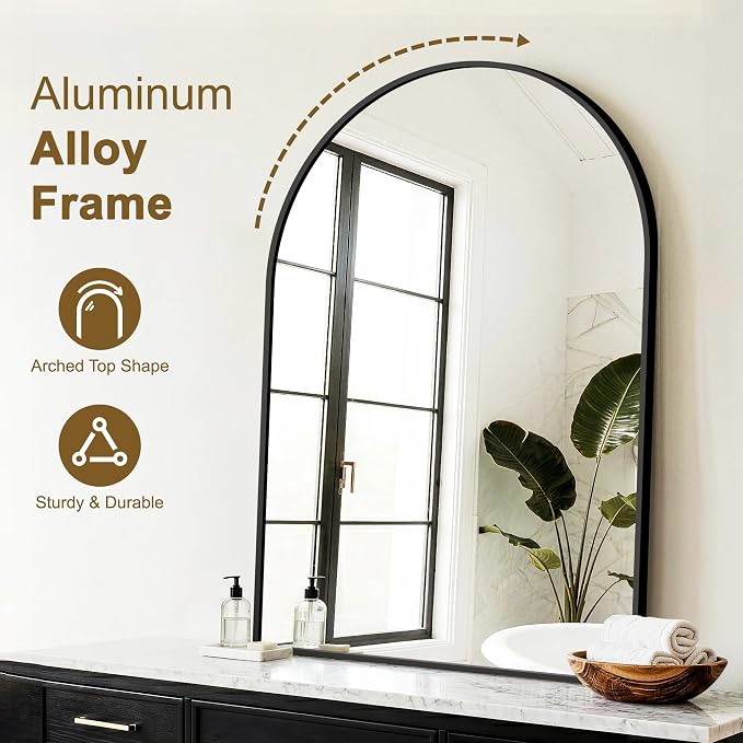 FGU Arched Bathroom Mirror for Over Sink 40"x28" Black Vanity Mirror | Wall Mounted, HD Tempered Shatter-Proof Glass, Rust-proof Arched Metal Frame, Arch Mirror for Bedroom, Living Room, Entryway