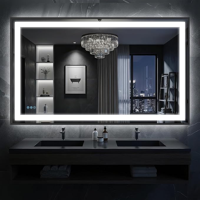 Antok 55X40 LED Bathroom Mirror with Lights, Vanity Mirror for Wall with Black Frame, Touch Control, Anti-Fog, Dimmable Lights, Shatter-Proof, Memory Function, Wall-Mounted Vanity Mirrors