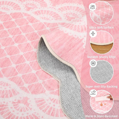 GarveeHome Washable 8x10 Area Rug Scalloped Pink Rug Modern Living Room Rugs Large Washable Girls Bedroom Rugs Abstract Bordered Carpet for Playroom Apartment Table Dorm Nursery, Pink