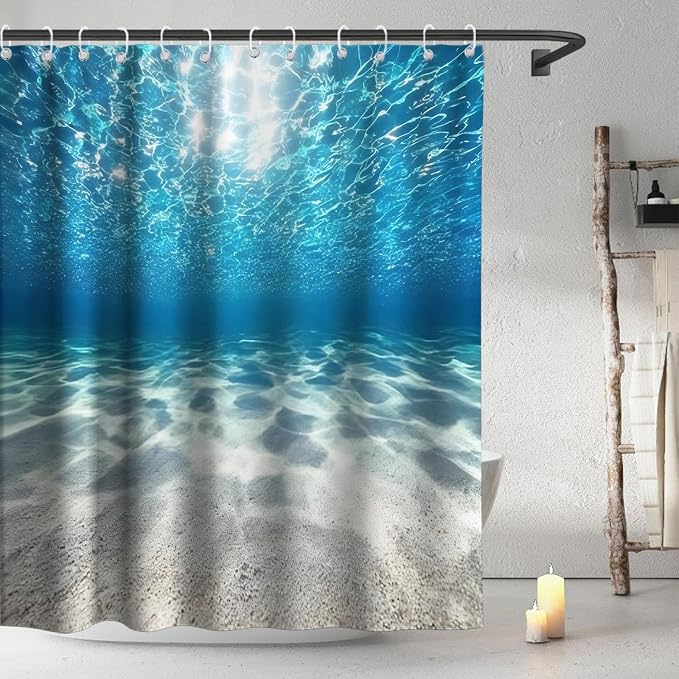 Modern Ocean Shower Curtain, Rustic Luxury Abstract Nautical Tropical Coastal Shower Curtains for Bathroom, Waterproof Bath Curtain with Hooks Machine Washable Bathtub Curtains 72x72 Inch Blue