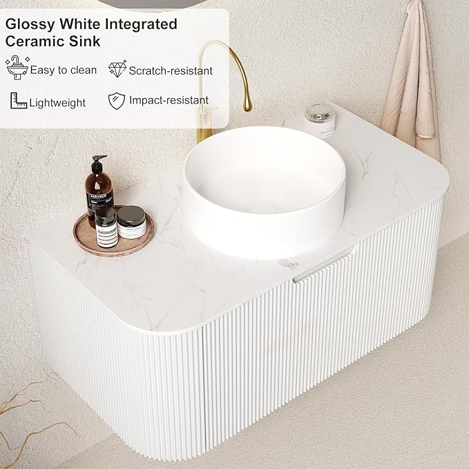 30 inch Bathroom Vanity with Sink, Floating Cabinet with Ultra-Thin Ceramic Basin and Marble Top, Extra Large Storage Drawer, Soft-Close Design, White