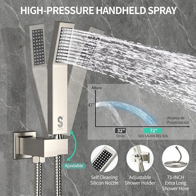 SR SUN RISE 12 Inch All Metal Square Shower System with Tub Spout, Tub Shower Faucet Set, High Pressure Rain Shower Head and Handheld Sprayer Shower Fixtues, Valve Included, Brushed Nickel