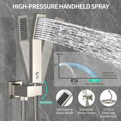 SR SUN RISE 8 Inch All Metal Square Shower System with Tub Spout, Tub Shower Faucet Set, High Pressure Rain Shower Head and Handheld Sprayer Shower Fixtues, Valve Included, Brushed Nickel