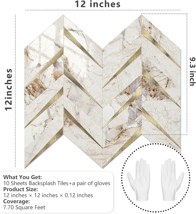 STICKGOO Herringbone Tile Peel and Stick Backsplash for Kitchen&Bathroom | 10-Sheet Self Adhesive Wall Tiles, Polished Pandora Marble Mixed Metal Gold PVC Stick on Backsplash Tile for Kitchen