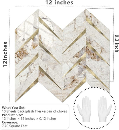 STICKGOO Herringbone Tile Peel and Stick Backsplash for Kitchen&Bathroom | 10-Sheet Self Adhesive Wall Tiles, Polished Pandora Marble Mixed Metal Gold PVC Stick on Backsplash Tile for Kitchen