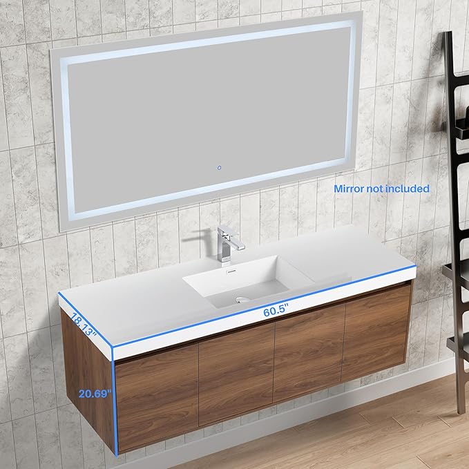 Blossom 60 Inch Bathroom Vanity with Sink, Wall Mounted Floating Bathroom Vanity Cabinet with Acrylic Sink, All Wood Soft Close Doors and Storage, Space Saving Design, Brown Walnut Finish