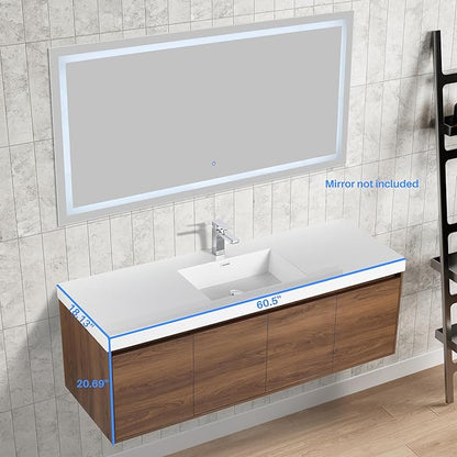 Blossom 60 Inch Bathroom Vanity with Sink, Wall Mounted Floating Bathroom Vanity Cabinet with Acrylic Sink, All Wood Soft Close Doors and Storage, Space Saving Design, Brown Walnut Finish