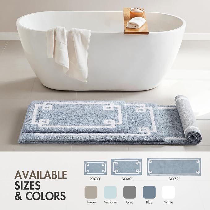 Madison Park Evan 100% Cotton Bath Runner Plush Absorbent, 24" x 72", Blue | Non-slip Backing, OEKO TEX, Luxurious Tufted Plush Bath Rug for Bathroom, Quick Dry, Spa Design Decorative for Shower Room