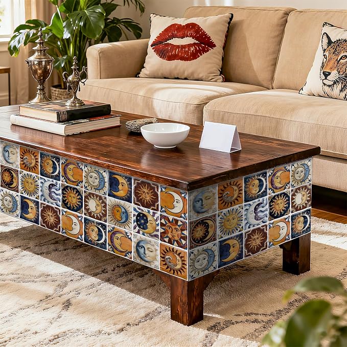 24PCS Sun Moon Talavera Style Tile Stickers 6x6in | Peel and Stick Waterproof Backsplash Tiles for Kitchen Bathroom DIY Decor