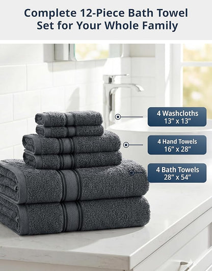 LANE LINEN Towel Set Soft Absorbent Quick Dry 100% Cotton - Cool Grey | Cotton Bath Towels - Lightweight & Breathable, Fade-Resistant Color, Classic Terry Weave, Densely Woven, Coordinated Colors