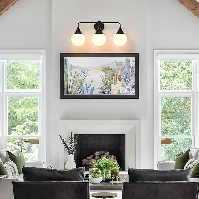 Bathroom Vanity Light Fixtures: 3 Lights Mid Century Modern Bathroom Lighting Fixtures Over Mirror - Matte Black Wall Sconce with Milky White Globe Glass for Bath Living Room