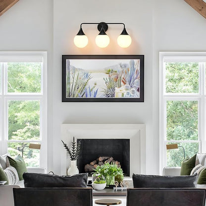 Bathroom Vanity Light Fixtures: 3 Lights Mid Century Modern Bathroom Lighting Fixtures Over Mirror - Matte Black Wall Sconce with Milky White Globe Glass for Bath Living Room