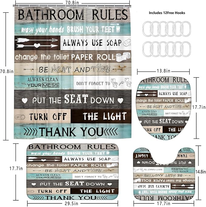 AZHM Inspirational Quotes Shower Curtain Set for Bathroom 4 Pcs Brown Teal Patchwork Design Bathroom Accessory Decor Sets with Shower Curtain and Rugs