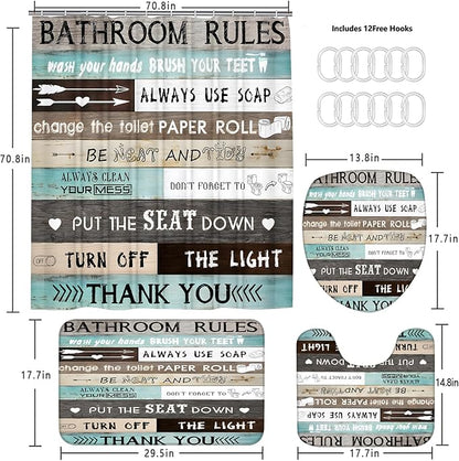 AZHM Inspirational Quotes Shower Curtain Set for Bathroom 4 Pcs Brown Teal Patchwork Design Bathroom Accessory Decor Sets with Shower Curtain and Rugs
