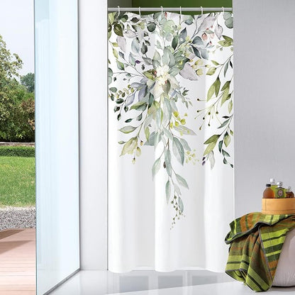 Sage Green Eucalyptus Shower Curtain, Floral Print, 48x72 | Watercolor Plant Leaves Floral Print, Stall Waterproof Fabric Bathroom Decor, Machine Washable, Rustproof Grommets
