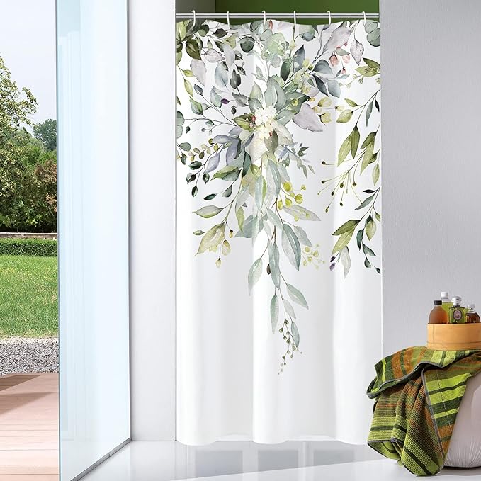 Sage Green Eucalyptus Shower Curtain, Floral Print, 36x72 | Watercolor Plant Leaves Floral Print, Small Stall Waterproof Fabric Bathroom Decor, Machine Washable, Rustproof Grommets