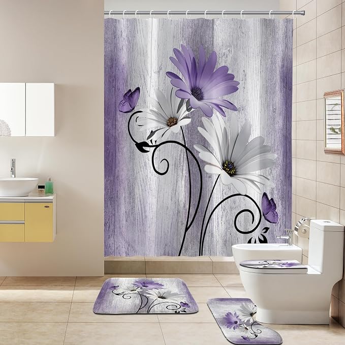 Onalasyc 4PCS Purple Daisy Bathroom Sets with Shower Curtain and Rugs | Country Floral Butterfly Shower Curtain Set,Modern Bathroom Decor Shower Curtains Set with Rugs Toilet Lid Cover and 12 Hooks