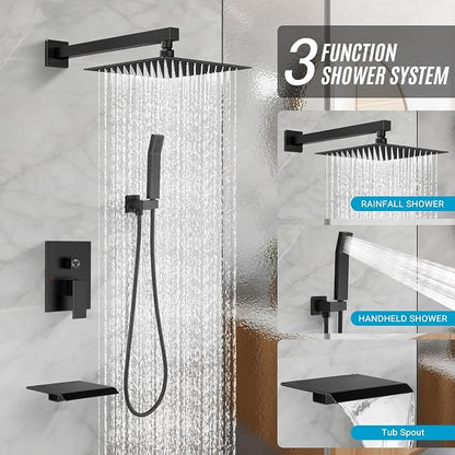 10" Rain Shower Faucet Set with Tub Spout, Matte Black | Anti-scald cartridge, air tech boosts pressure 50%, 3-func diverter, NPT 1/2