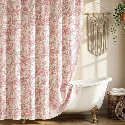 Farmhouse Pink Floral Shower Curtain with 12 Clear Rings 72"W x 72"L | Boho Fabric Faux Linen Shower Curtain Set, Vintage Cottagecore Shower Curtain for Bathroom