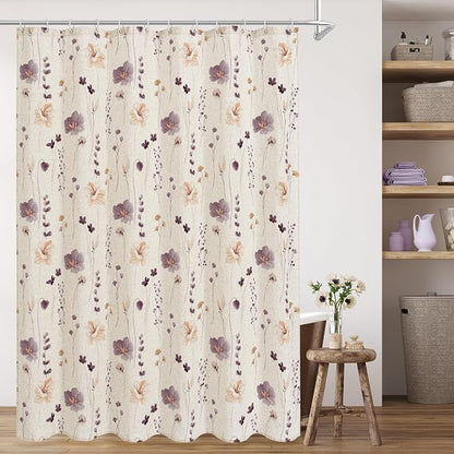 Plum Linen Watercolor Floral Fabric Shower Curtain, 72x72 | Linen Fabric, Modern Minimalist Floral Print, Machine Washable, Rustproof Grommets, for Bathroom Home