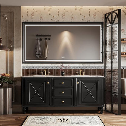 Double Sink Bathroom Vanity, Luxurious Bathroom Vanity with LED Smart Defog Mirror, Solid Freestanding Wood Vanity Sink Cabinet