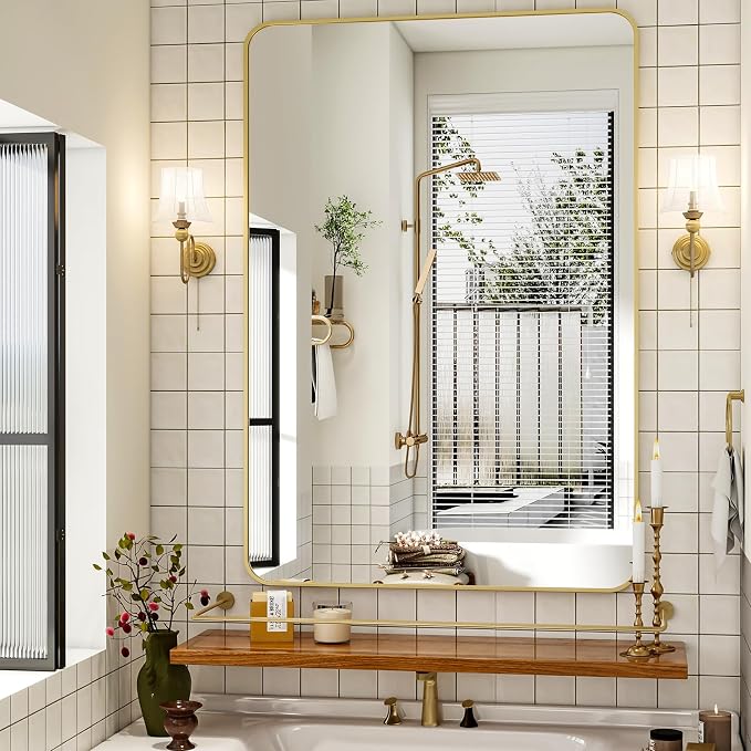 Easly 30 x 48 Inch Bathroom Mirror, Rounded Rectangular Vanity Mirror for Wall, Modern Mirror for Room Decor, Gold Framed Wall-Mounted Mirrors for Home Decor, Hangs Horizontally or Vertically